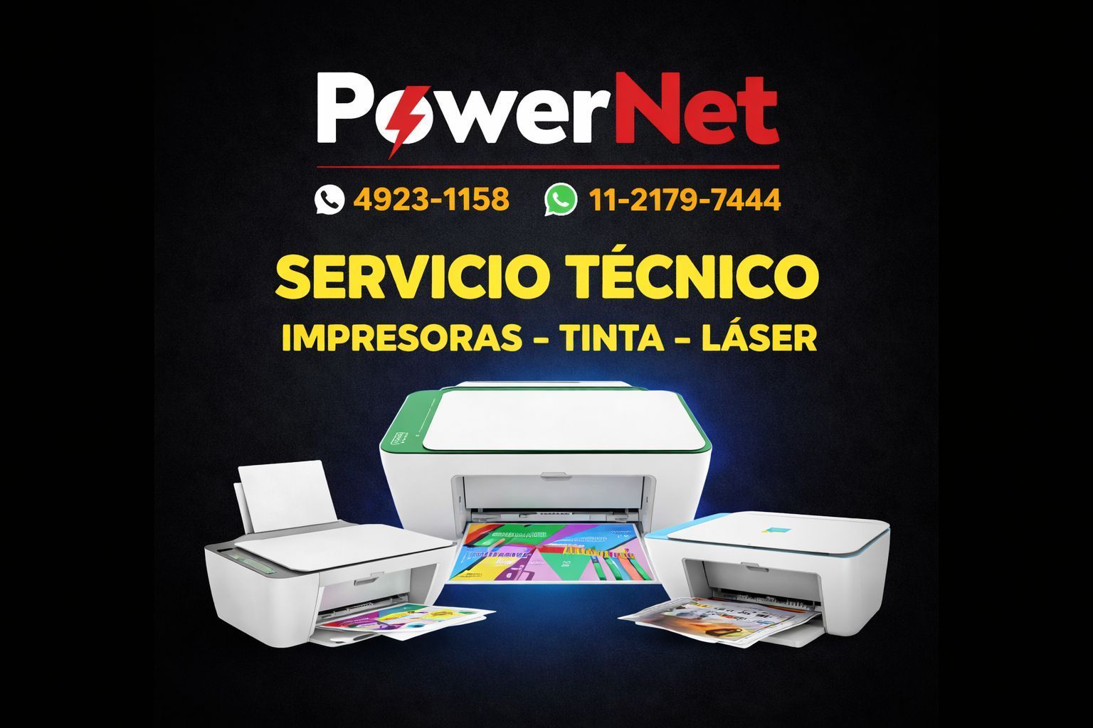 Anuncio de servicio técnico de impresoras con tres impresoras e información de contacto.
