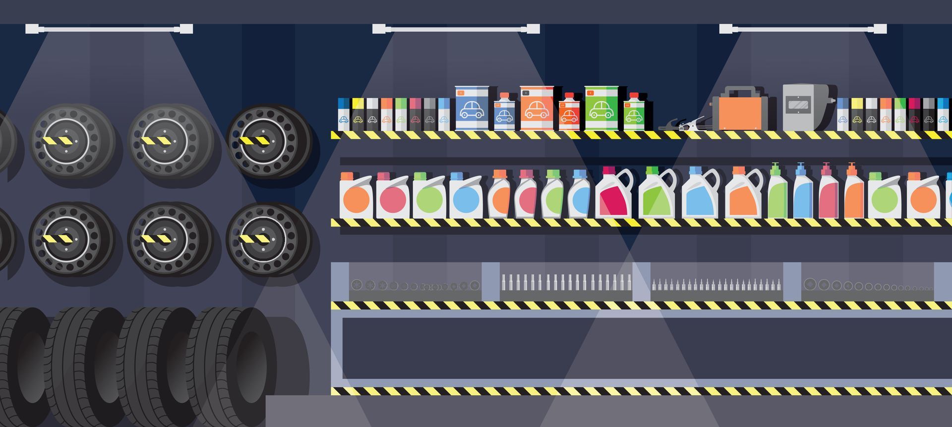 A row of shelves filled with fuel additives in a garage.