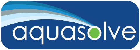 The aquasolve logo is blue and white with a rainbow in the middle.