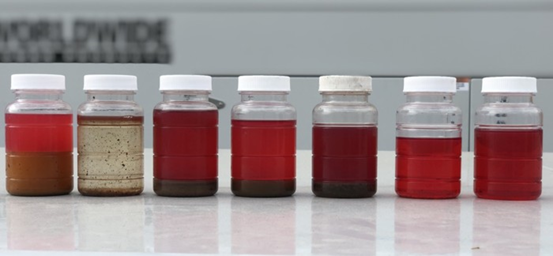 A row of bottles filled with different colored liquids are lined up on a table.