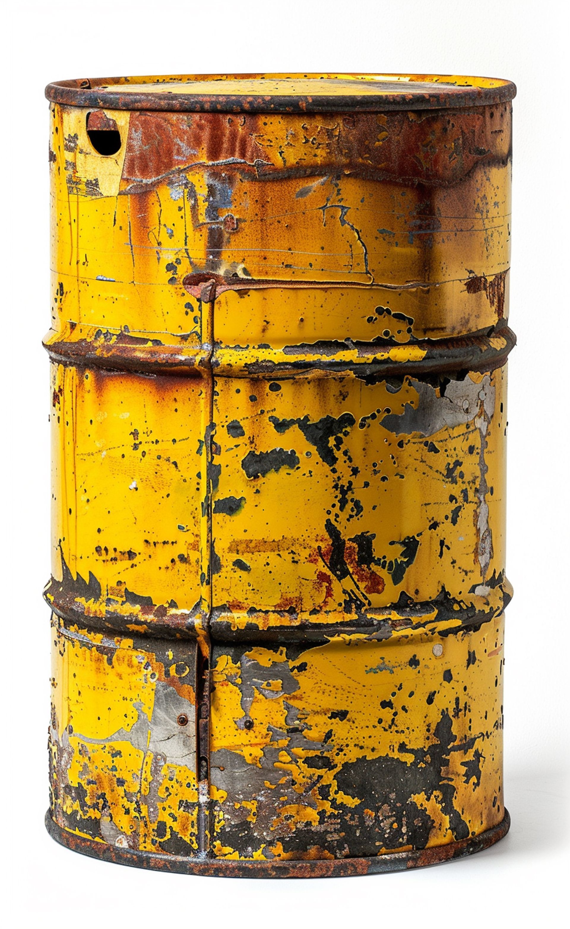 A rusty yellow barrel with a hole in it