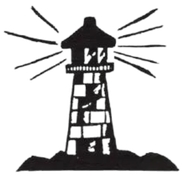 A black and white drawing of a lighthouse with rays coming out of it