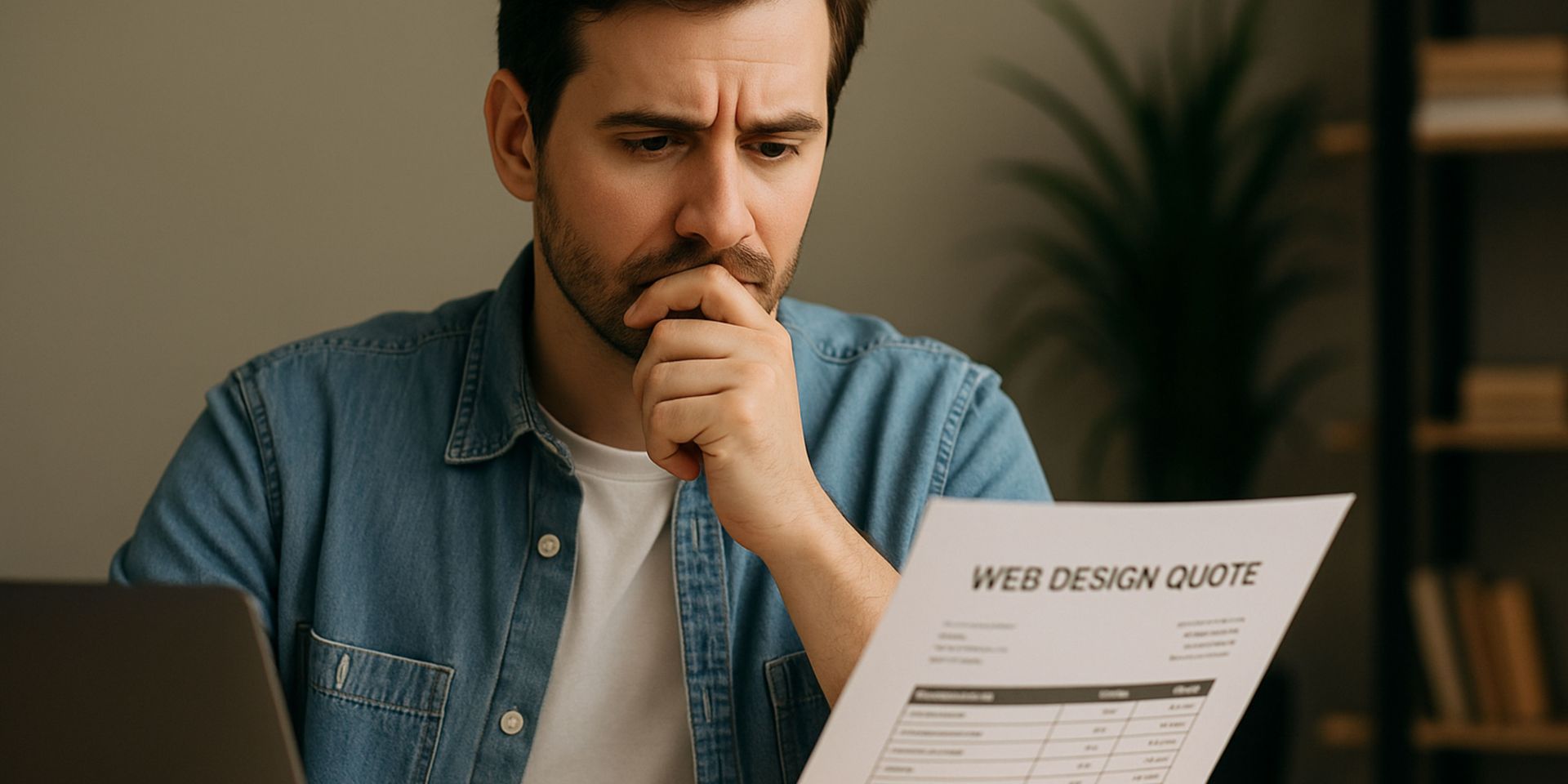 A man is sitting at a desk looking at a piece of paper.