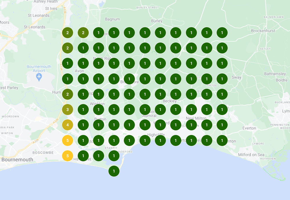 A screenshot of our Local SEO report showing how a website is ranking in its local area