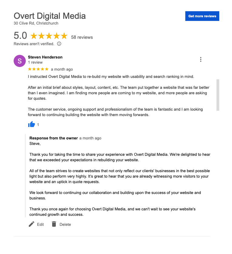 A screenshot of a Google review for overt digital media optimising for Google Maps SEO