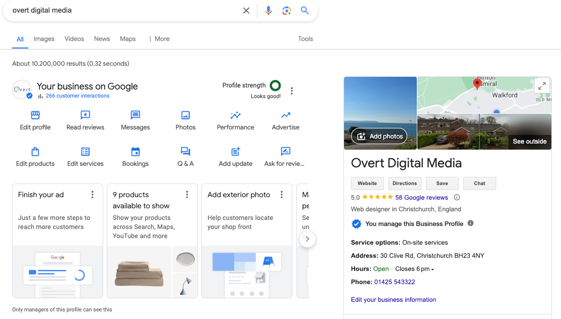 A Google Business Profile listing for Overt Digital Media a web design and SEO agency in Christchurch