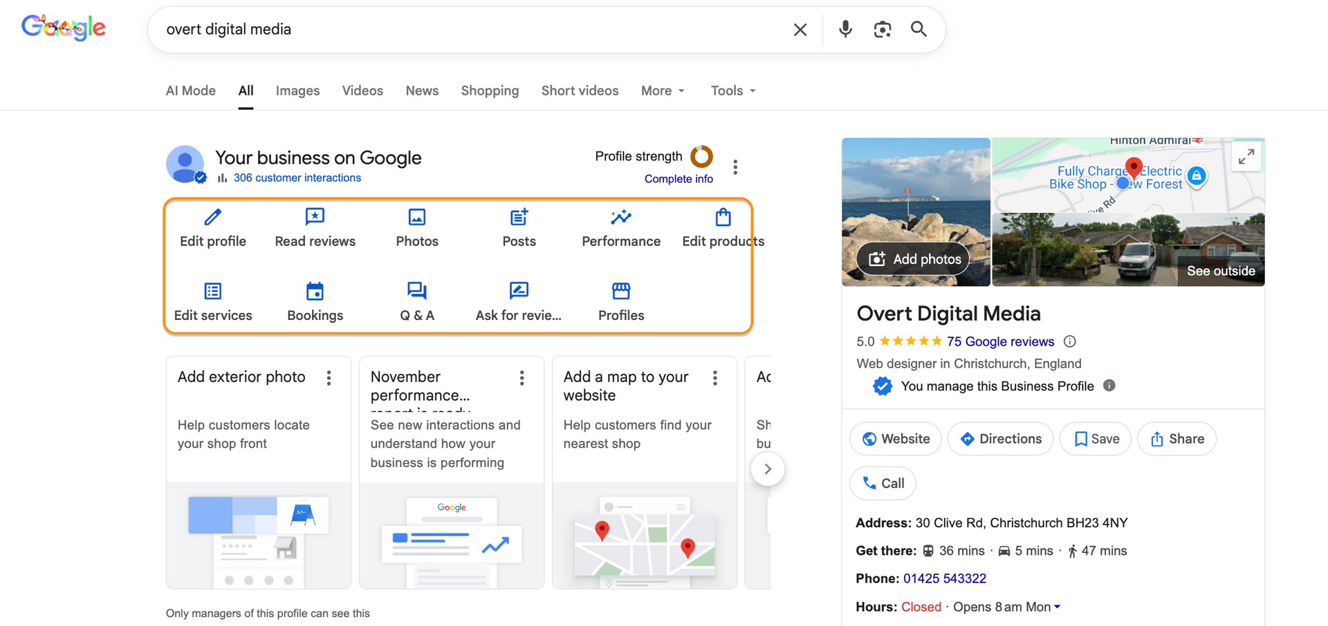 Google Business Profile for Overt Digital Media. A website design and SEO agency in Christchurch
