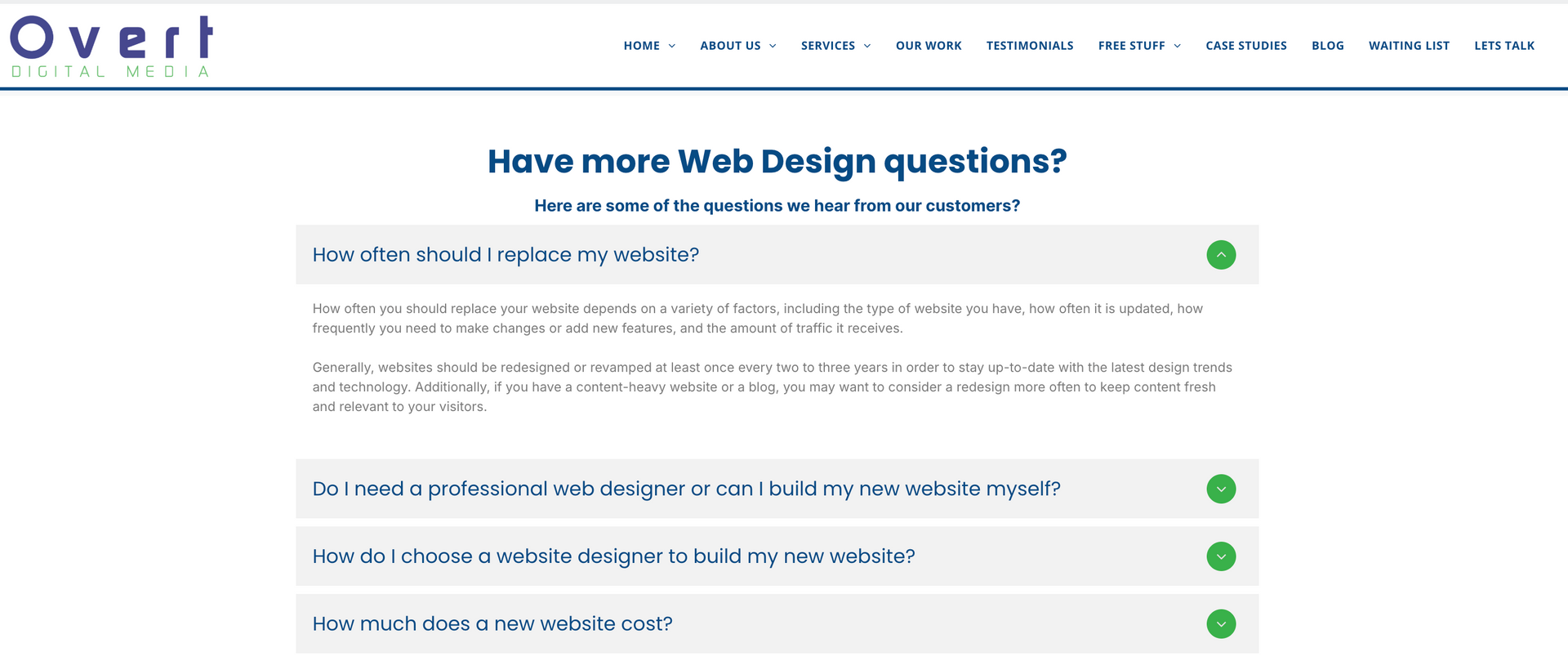 FAQs about website design on Overt Digital Media's Web Design page.