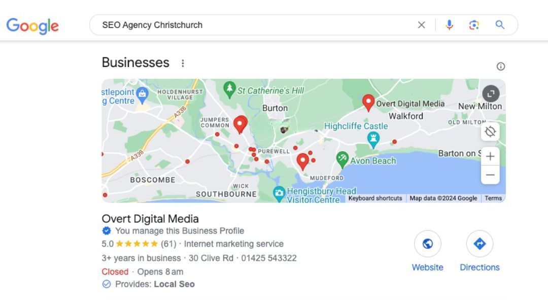 The Map Pack showing Overt Digital Media ranking top for SEO Agency Christchurch