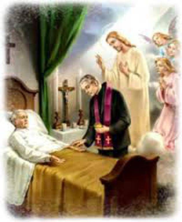 Priest kneels beside a dying man in bed, with angels nearby in a softly lit room.