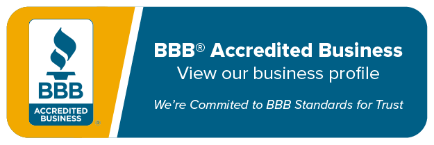 BBB Accredited Business seal on a blue circle with white text and torch icon