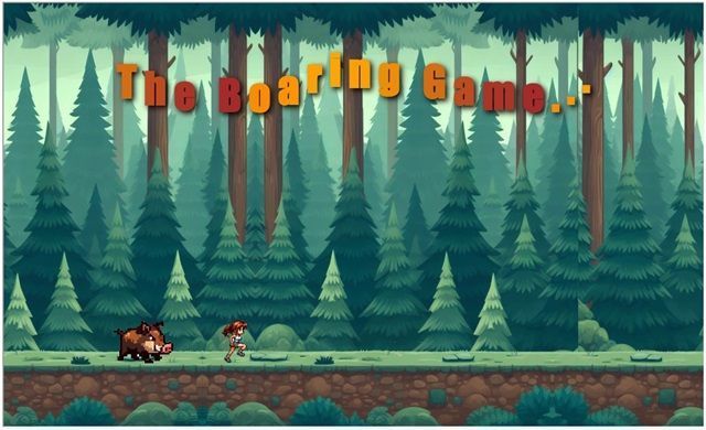 Pixel-art forest game screen with title “The Booing Game” and a small character facing a bear.