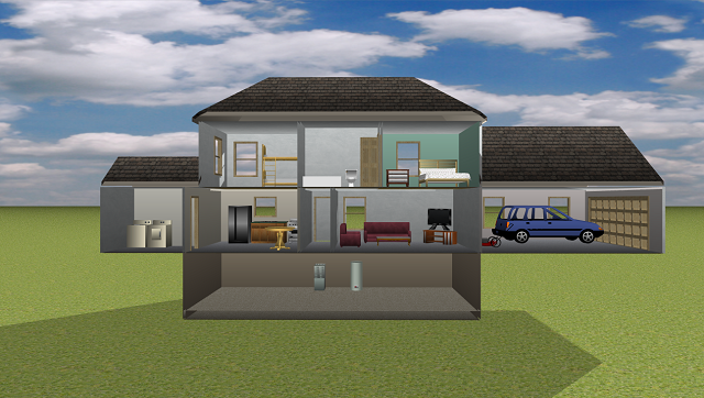 Cutaway view of a modern two-story house interior with garage, basement, and blue car outside
