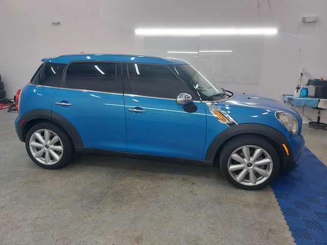 A blue mini cooper is parked in a garage