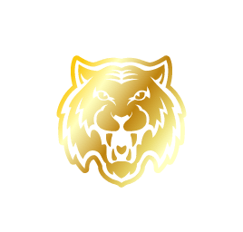 A gold tiger head with its mouth open on a white background.
