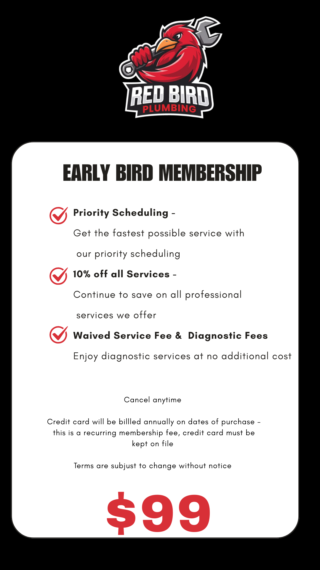 A flyer for a red bird early bird membership for $ 99.