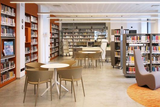 biblioteca con sedie e tavolini
