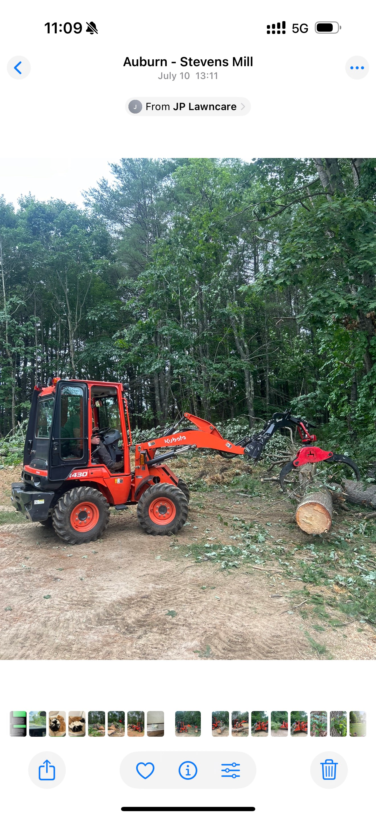 Orange tractor lifting a log in a forest, surrounded by trees and foliage.