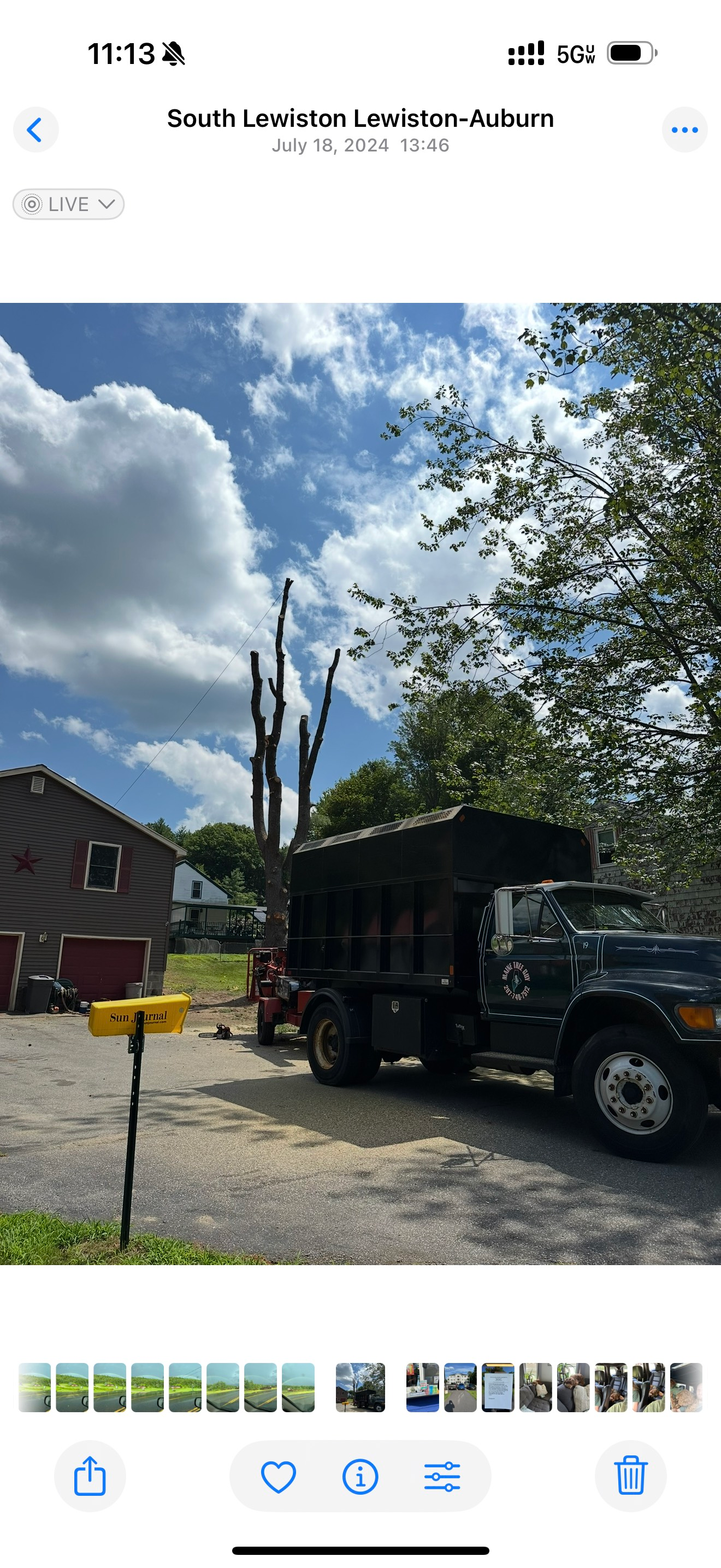 A tree removal truck parked near a house and yellow mailbox.  Trees are cut. Blue sky and clouds in background.