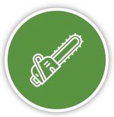 White chainsaw icon on a green circle.
