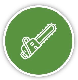 White chainsaw icon on a green circle.