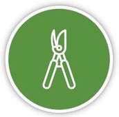 White outline of pruning shears on green circle.