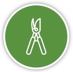 White outline of pruning shears on green circle.