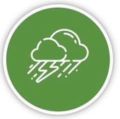 Green circle with outline of clouds, lightning, and rain.