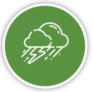 Green circle with outline of clouds, lightning, and rain.