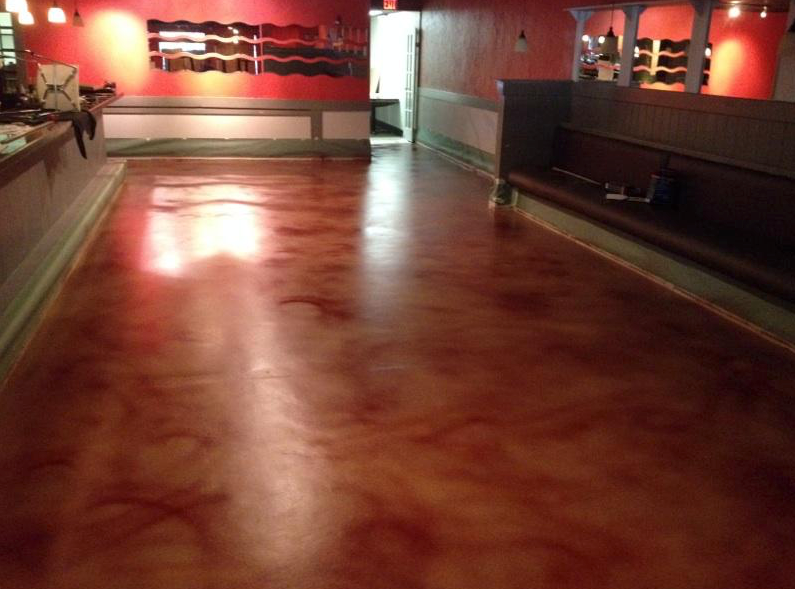 A large room with a red floor and red walls