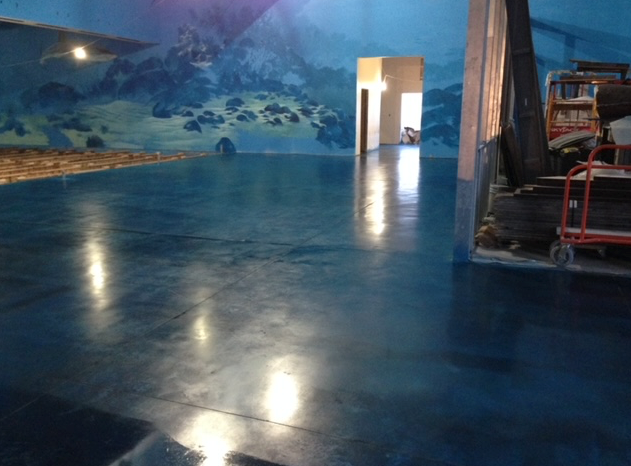 A large room with a blue wall and a blue floor