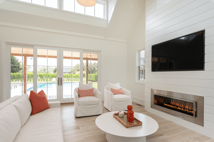 Nantucket home interior photo with modern fireplace