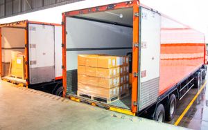 Two semi trucks are parked next to each other in a warehouse.