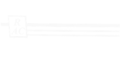 Hexagon logo with mountains, trees, and campfire in orange and blue. Company name is white.