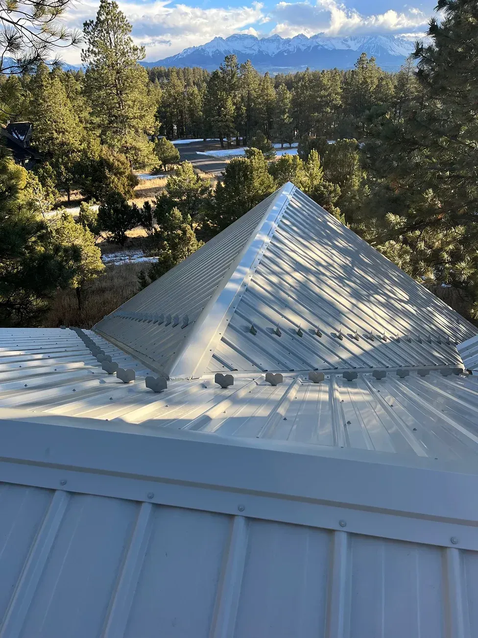 White metal roof with triangular top against a backdrop of trees, snow, and mountains.