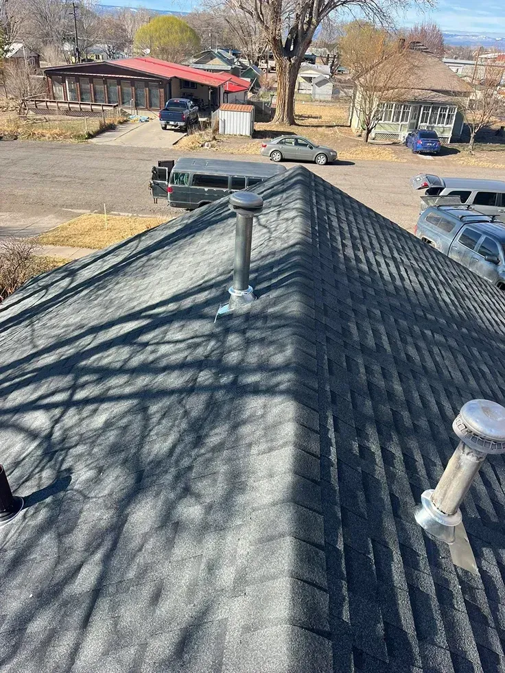Black shingled roof with two metal vents, in a town setting.