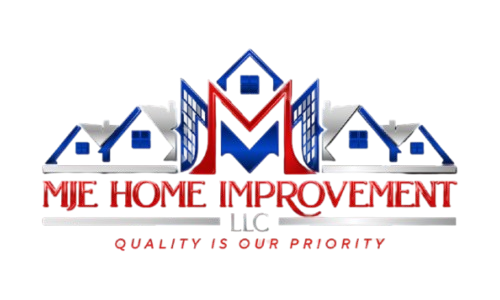 Logo: Blue and red stylized house and "M" with "MJE HOME IMPROVEMENT LLC" and "QUALITY IS OUR PRIORITY".