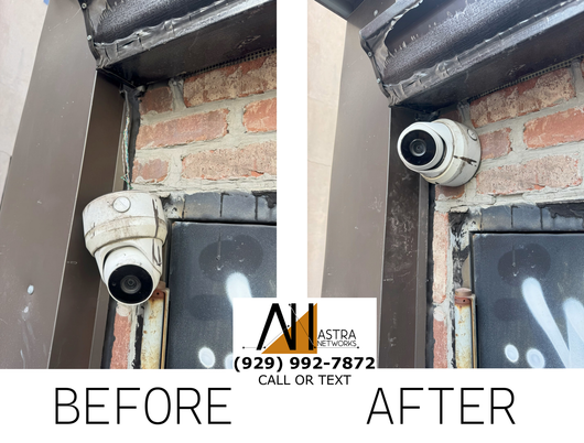 A before and after picture of security cameras on a brick wall