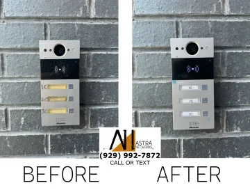 A before and after picture of a doorbell on a brick wall