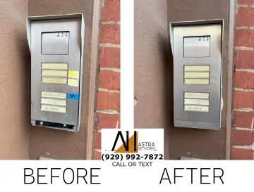 A before and after picture of a doorbell on a brick wall