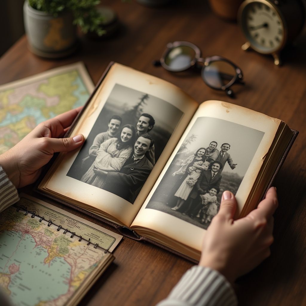 Person holding open photo album, viewing black and white family portraits. On wooden table.