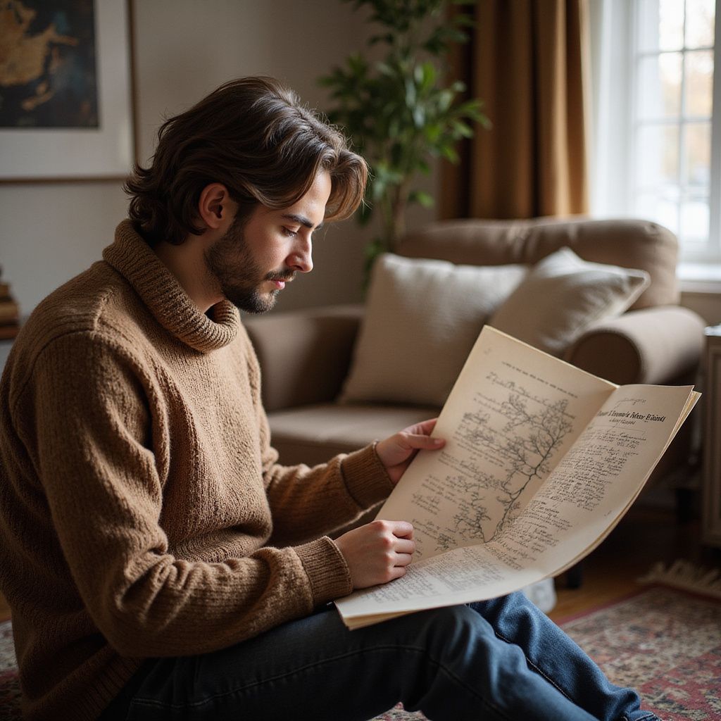 Man reading a detailed handwritten document indoors, wearing a brown sweater, soft lighting, and focused expression.