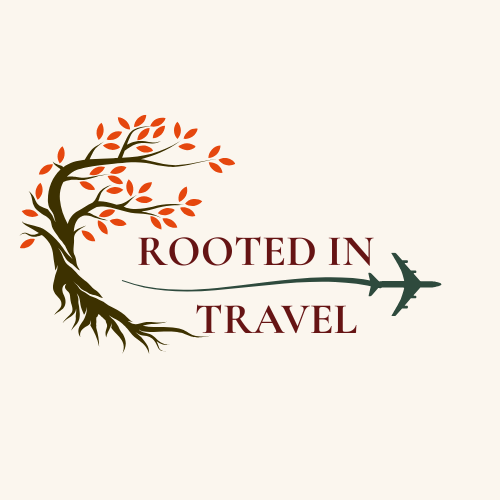 Logo of a tree with roots and orange leaves, "Rooted in Travel" with travel advisor's name and an airplane above.