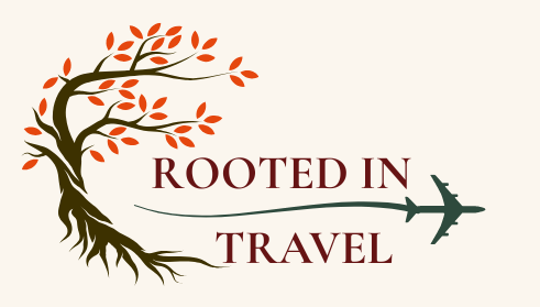 Logo: Tree with roots, red leaves, plane arc, location pins, 