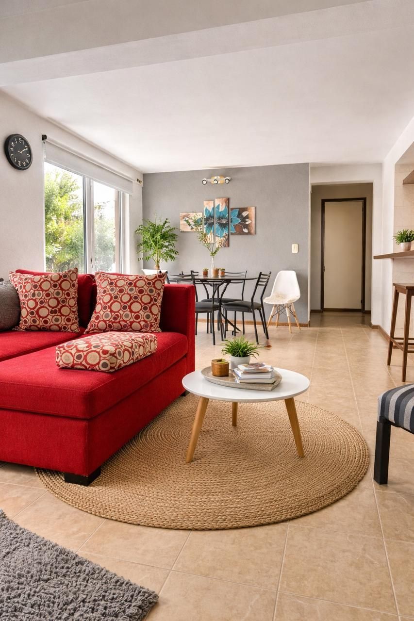Sala de estar luminosa con sofá rojo, alfombra redonda de yute, mesa de centro, zona de comedor y gran ventanal.