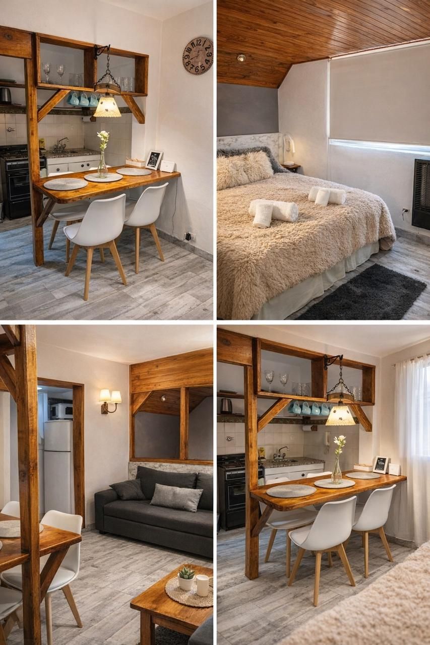 Collage de interiores de un apartamento compacto con rincón de comedor, sofá gris y acogedor dormitorio con techo de madera.