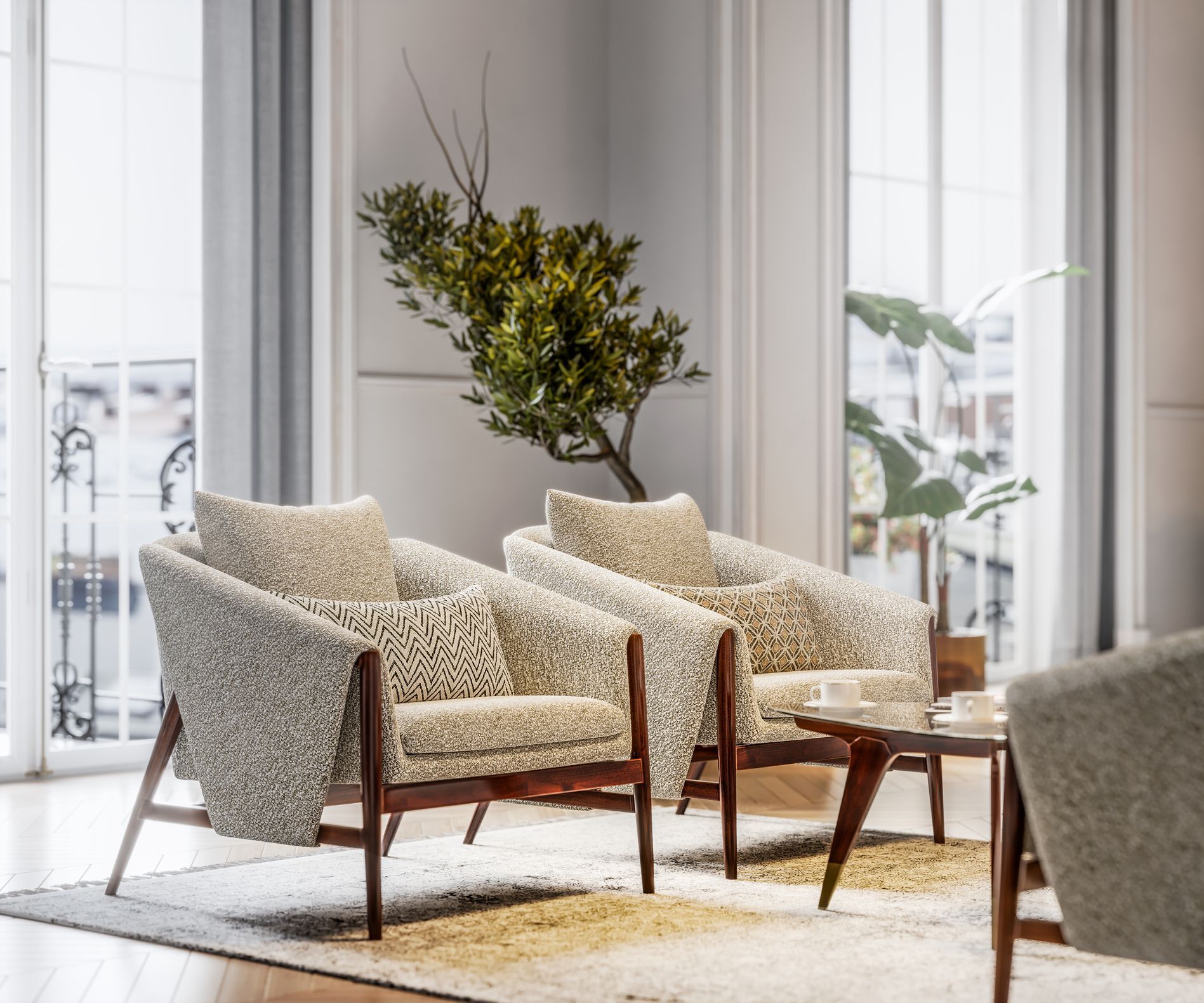 Elegant chairs with custom-design upholstery in modern living room with natural light.