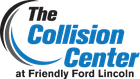 Logo for The Collision Center at Friendly Ford Lincoln; blue and black text, with partial arc.