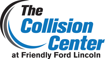 Logo for The Collision Center at Friendly Ford Lincoln in blue and black.