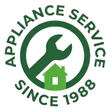 Green appliance service logo with a wrench, house, and text "Appliance Service Since 1988."